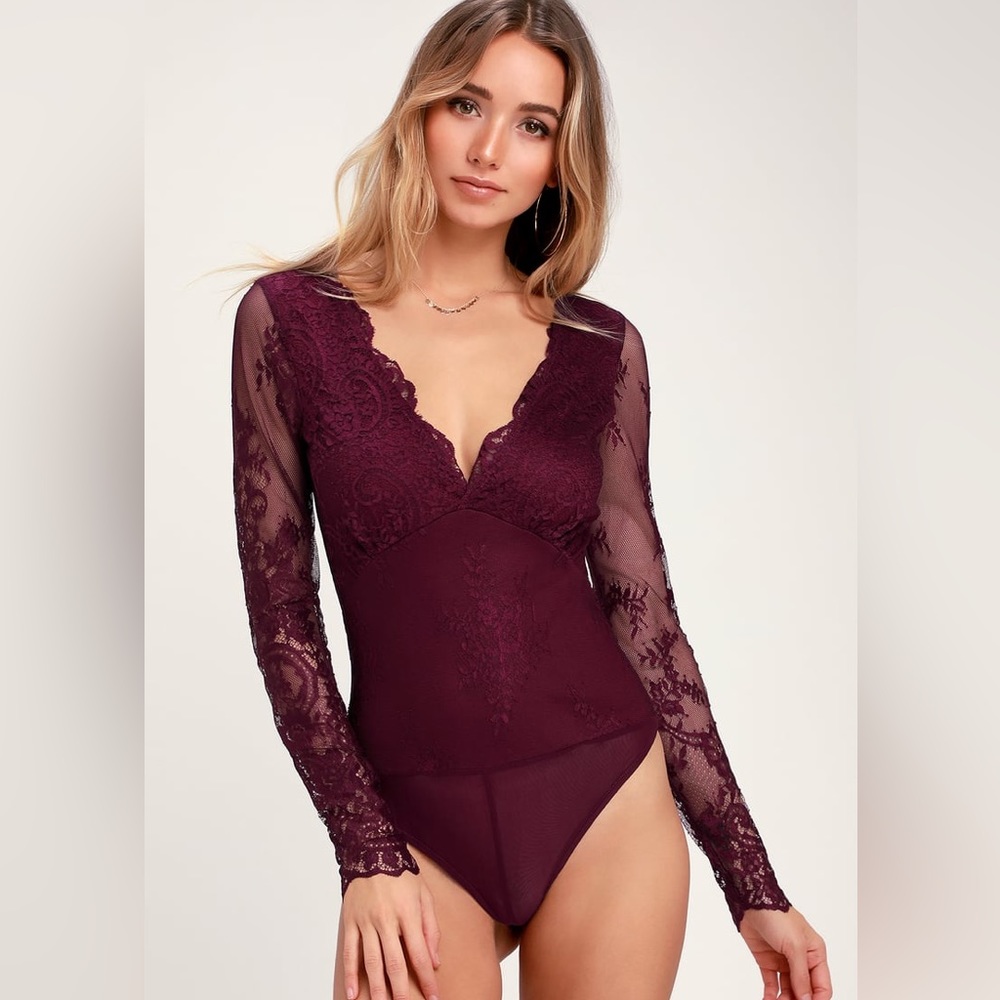 Lulus All About That Lace Burgundy Lace Long Sleeve Bodysuit, Size S
